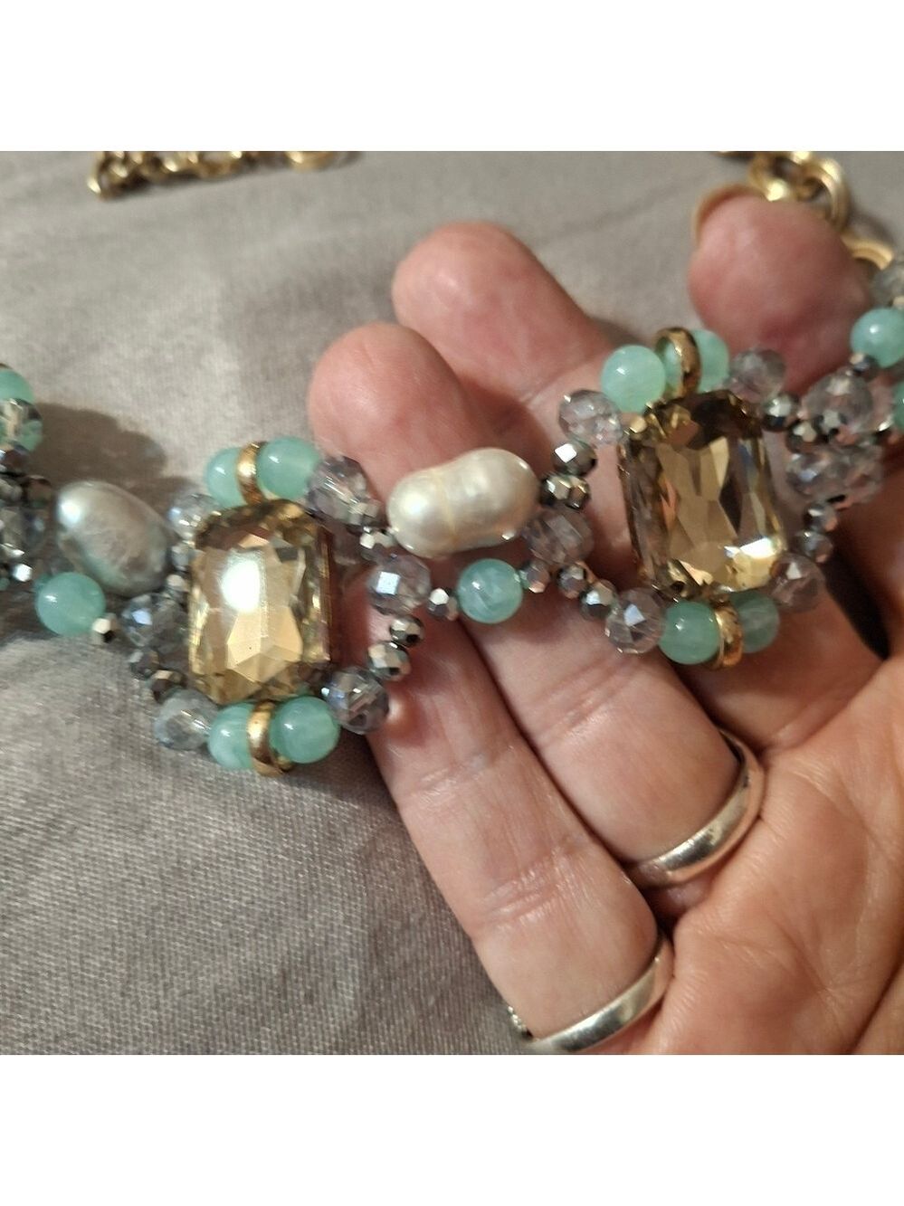 Genuine pearls, natural Jade and rhinestones 18" + ext Statement Necklace - Picture 10 of 11